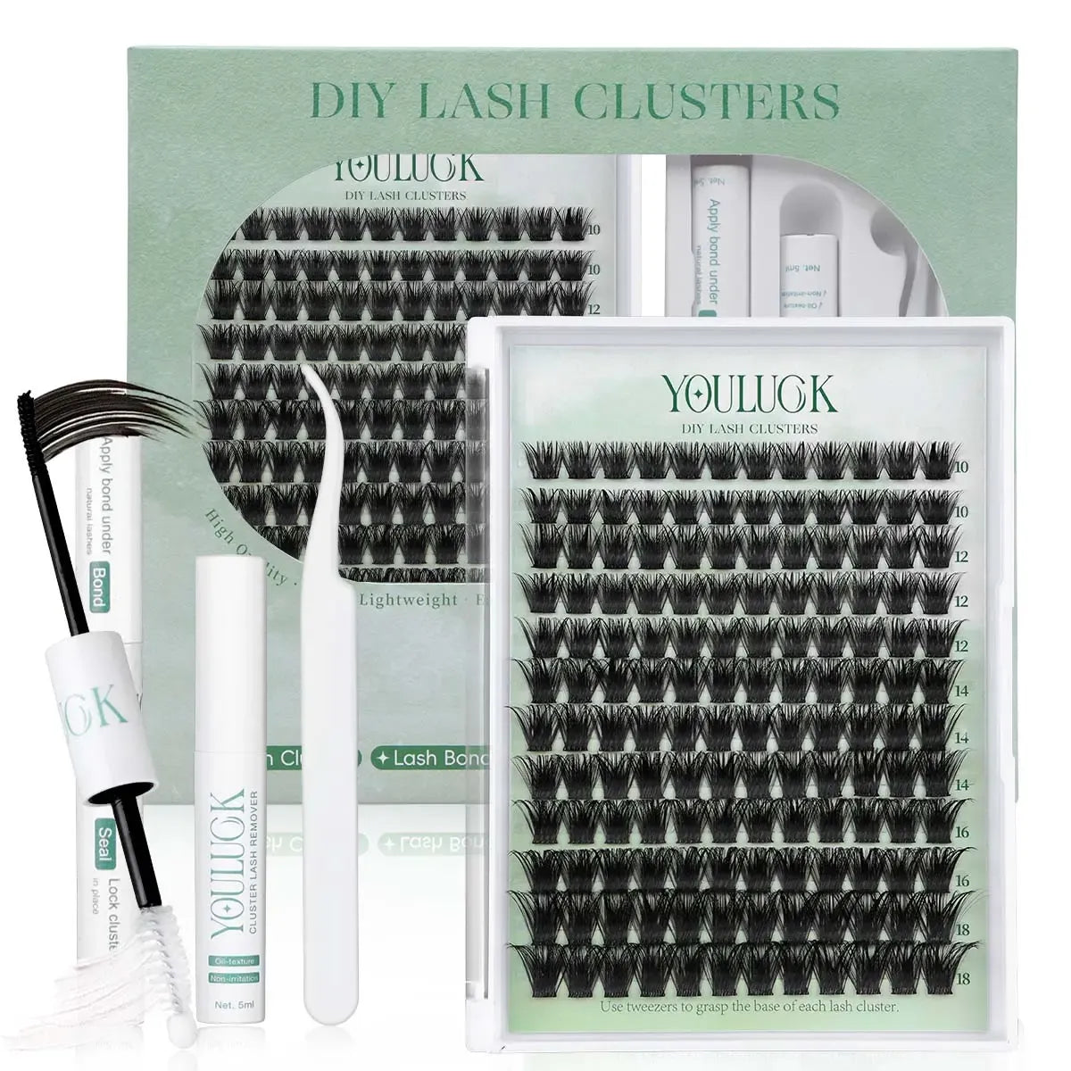 YOULUCK DIY Lash Clusters Kit - Soft Fluffy Long-Lasting Lashes with Glue Remover & Tweezer for Beginners Easy At-Home Application - Eyelash Set