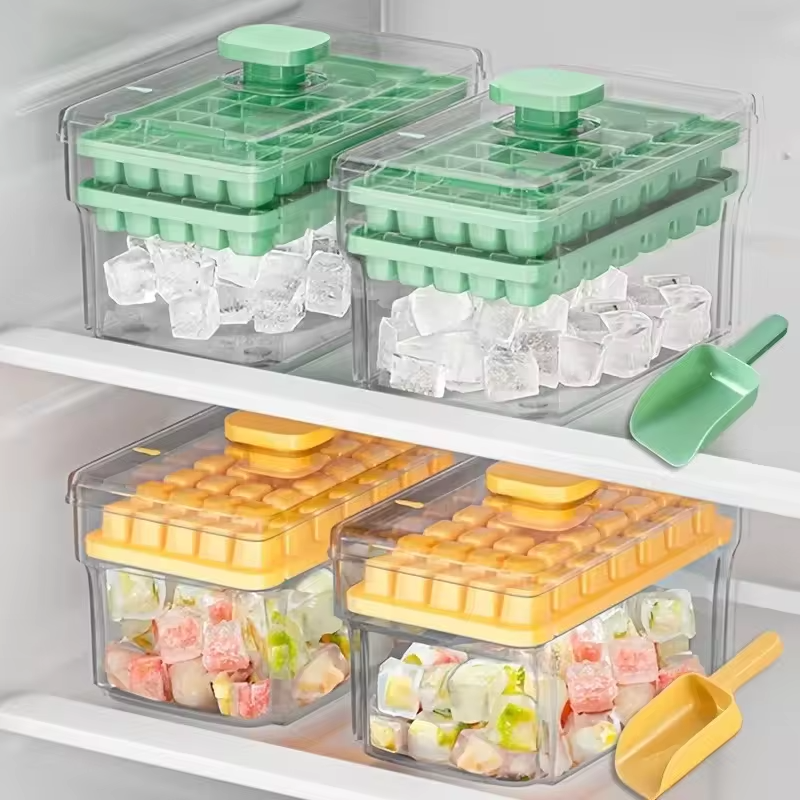 Double-layer 68-grid Push-type Deicing Ice Cube Tray with Storage Box Portable Ice Box with Ice Shovel Household Ice Making Set