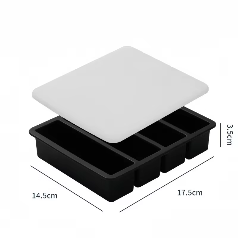 4 Grid Rectangular Silicone Ice Cube Mold with Lid Household Food Grade Ice Grid Tray Whiskey Ice Box