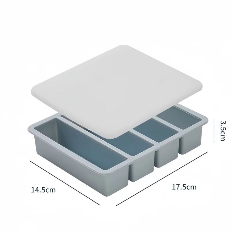 4 Grid Rectangular Silicone Ice Cube Mold with Lid Household Food Grade Ice Grid Tray Whiskey Ice Box