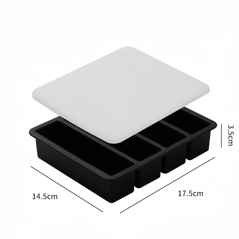4 Grid Rectangular Silicone Ice Cube Mold with Lid Household Food Grade Ice Grid Tray Whiskey Ice Box
