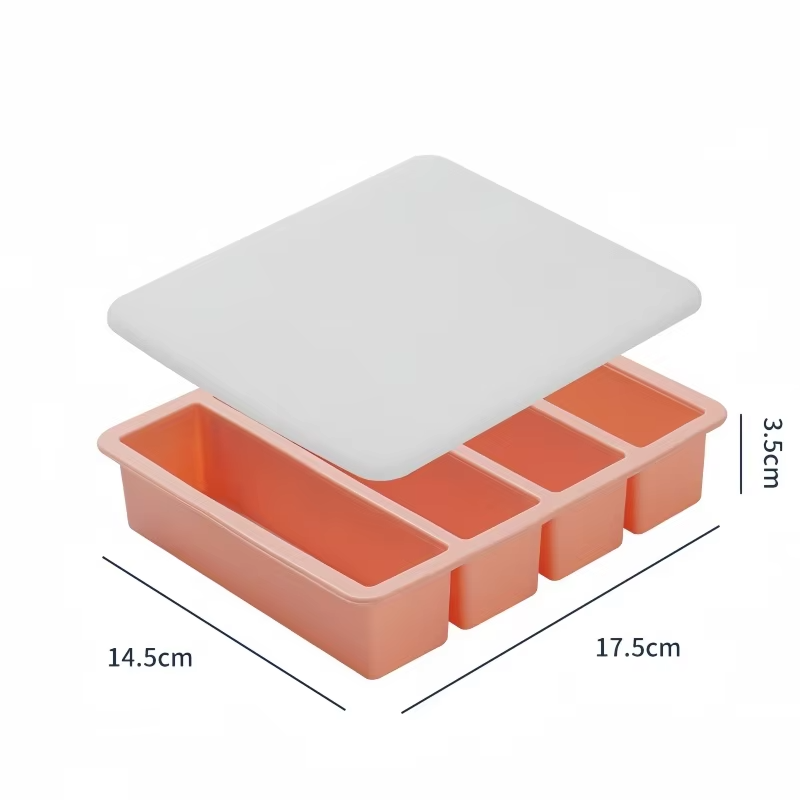4 Grid Rectangular Silicone Ice Cube Mold with Lid Household Food Grade Ice Grid Tray Whiskey Ice Box