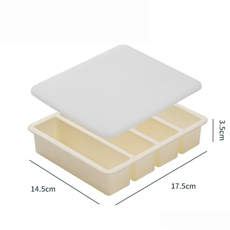 4 Grid Rectangular Silicone Ice Cube Mold with Lid Household Food Grade Ice Grid Tray Whiskey Ice Box