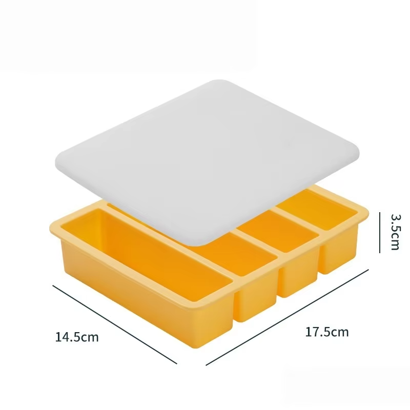 4 Grid Rectangular Silicone Ice Cube Mold with Lid Household Food Grade Ice Grid Tray Whiskey Ice Box
