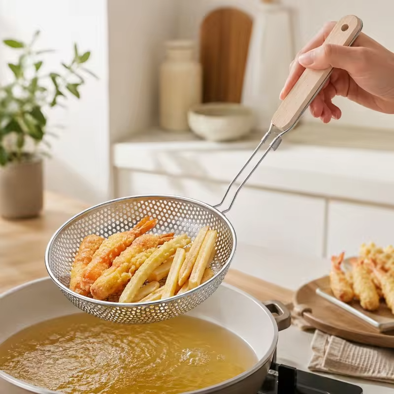 Stainless Steel Colander Fine Mesh Skimmer Spoon with Wooden Handle Used for Cooking Food Large Kitchen Frying Filter