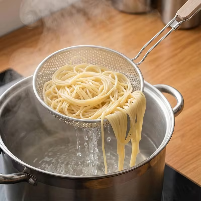 Stainless Steel Colander Fine Mesh Skimmer Spoon with Wooden Handle Used for Cooking Food Large Kitchen Frying Filter