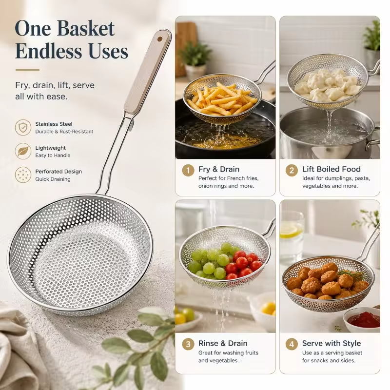 Stainless Steel Colander Fine Mesh Skimmer Spoon with Wooden Handle Used for Cooking Food Large Kitchen Frying Filter