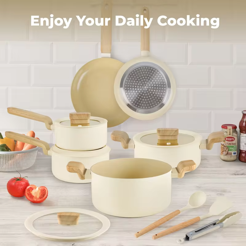 KUTIME 17-Piece Nonstick Cookware Set – Induction-Compatible Pots and Pans in Soft Beige | Includes Frying Pans, Sauce Pans, Stock Pots for Everyday Cooking