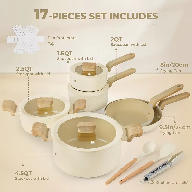 KUTIME 17-Piece Nonstick Cookware Set – Induction-Compatible Pots and Pans in Soft Beige | Includes Frying Pans, Sauce Pans, Stock Pots for Everyday Cooking