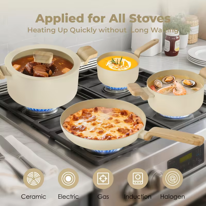 KUTIME 17-Piece Nonstick Cookware Set – Induction-Compatible Pots and Pans in Soft Beige | Includes Frying Pans, Sauce Pans, Stock Pots for Everyday Cooking