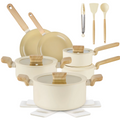 KUTIME 17-Piece Nonstick Cookware Set – Induction-Compatible Pots and Pans in Soft Beige | Includes Frying Pans, Sauce Pans, Stock Pots for Everyday Cooking