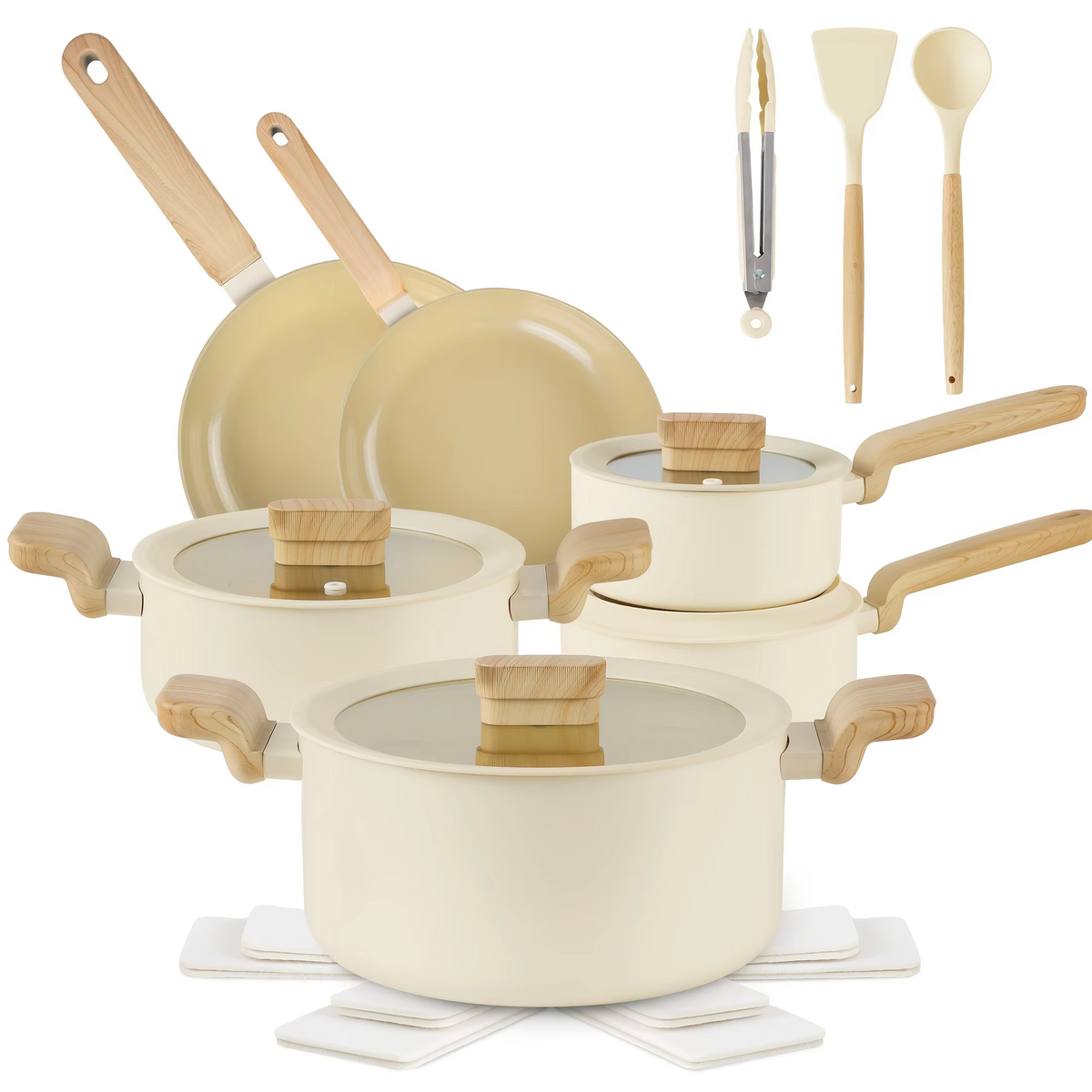 KUTIME 17-Piece Nonstick Cookware Set – Induction-Compatible Pots and Pans in Soft Beige | Includes Frying Pans, Sauce Pans, Stock Pots for Everyday Cooking