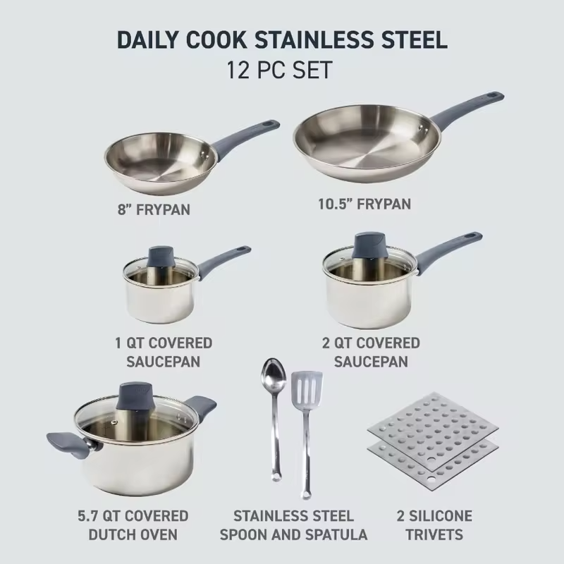 Daily Cook Stainless Steel 12 Piece Pots and Pans Cookware Set Ocean Blue Handles