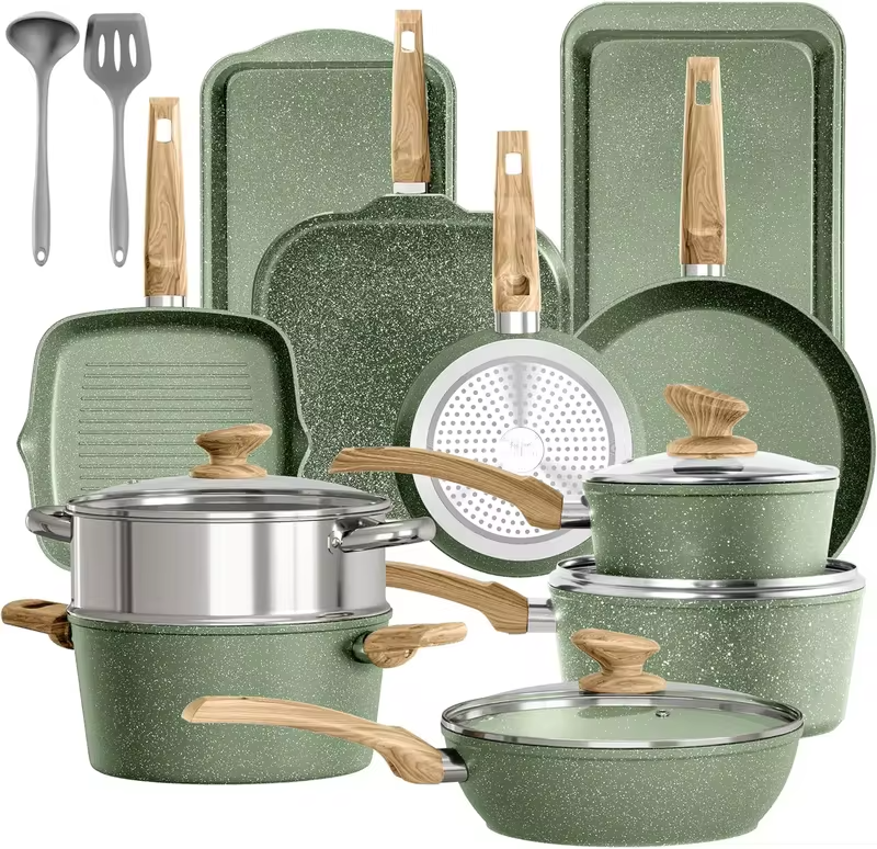 17 Piece Pots and Pans Set Non Stick, Nonstick Induction Granite Kitchen Cookware Sets, Induction Cookware Frying Pans, Nonstick