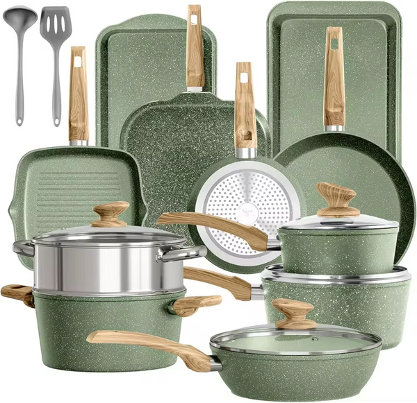 17 Piece Pots and Pans Set Non Stick, Nonstick Induction Granite Kitchen Cookware Sets, Induction Cookware Frying Pans, Nonstick