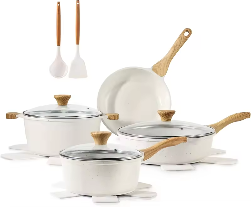 Nonstick Ceramic Cookware Set, 13-Piece Non-toxic Pots and Pans Set, Healthy Kitchen Cooking Set with Stay-Cool Handles, Silicon
