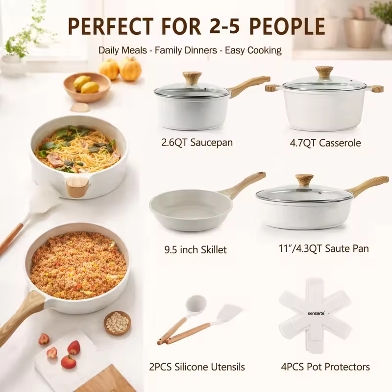 Nonstick Ceramic Cookware Set, 13-Piece Non-toxic Pots and Pans Set, Healthy Kitchen Cooking Set with Stay-Cool Handles, Silicon