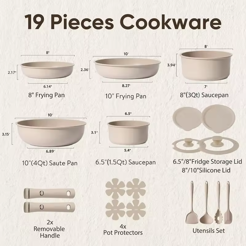 19pcs Pots and Pans Set Non Stick, Nonstick Cookware Set Detachable Handle, Induction Kitchen Cooking Sets with Removable Handle