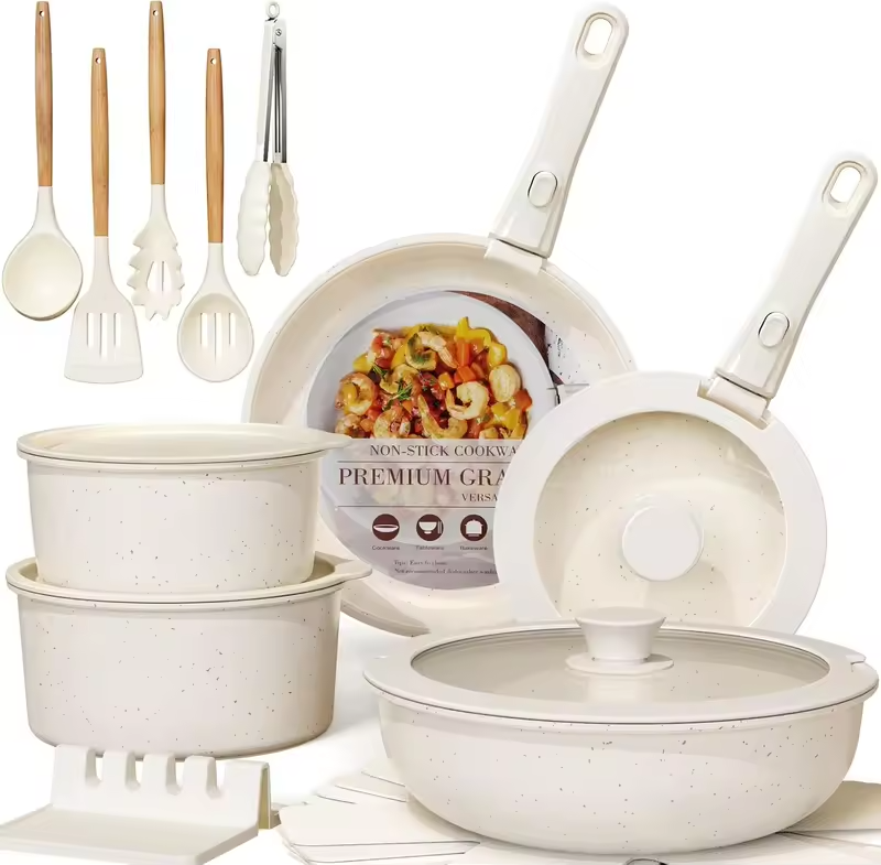 21 Pcs Pots and Pans Set Non Stick, Ceramic Cookware Set Detachable Handle, RV Kitchen Cooking Set Removable Handles, Oven Safe