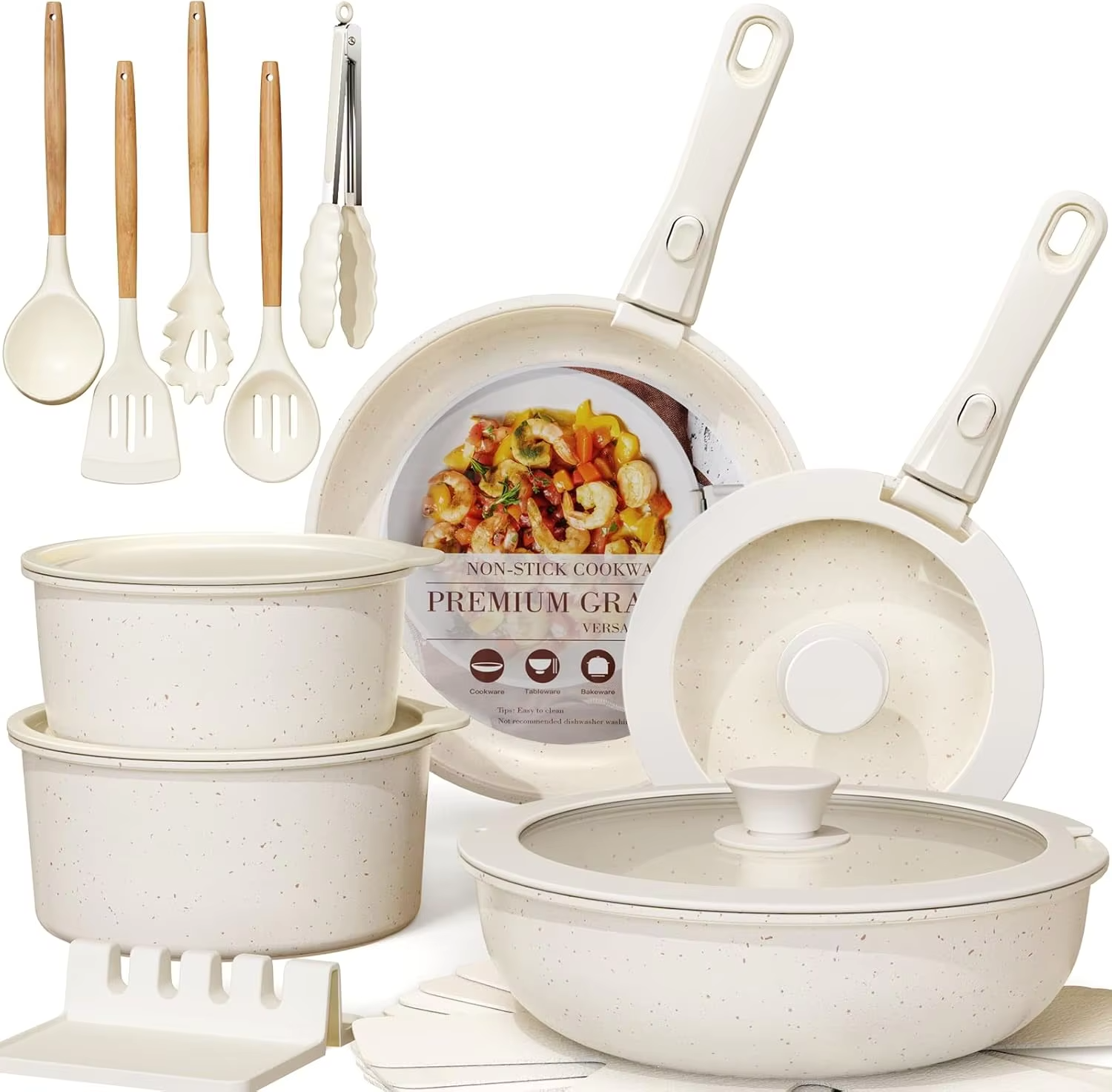 21 Pcs Pots and Pans Set Non Stick, Ceramic Cookware Set Detachable Handle, RV Kitchen Cooking Set Removable Handles, Oven Safe