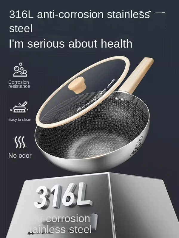 Cooker King Wok 316 Stainless Steel Non-Stick Pan Household Available Steel Shovel Induction Cooker Gas Universal