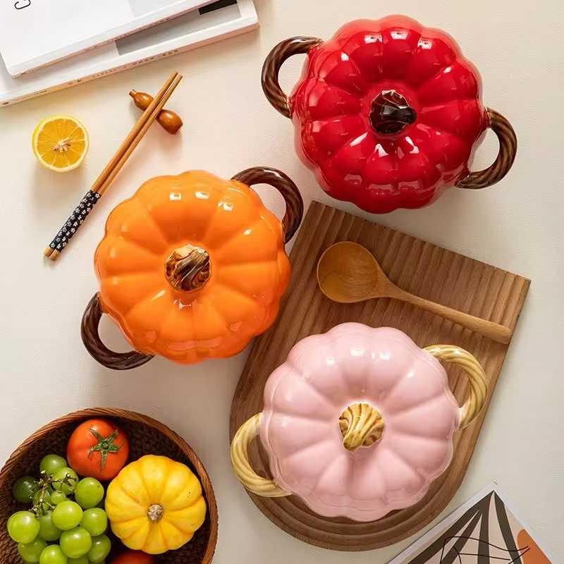 Ceramic Soup pot with lid Creative Pumpkin shape Binaural Soup Bowl Household Large Soup Noodle Bowl Halloween Decoration