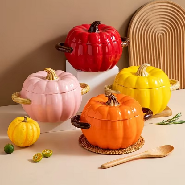 Ceramic Soup pot with lid Creative Pumpkin shape Binaural Soup Bowl Household Large Soup Noodle Bowl Halloween Decoration