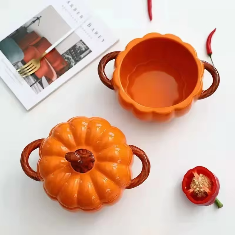 Ceramic Soup pot with lid Creative Pumpkin shape Binaural Soup Bowl Household Large Soup Noodle Bowl Halloween Decoration