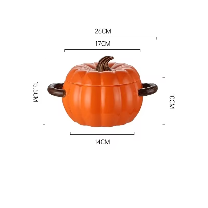Ceramic Soup pot with lid Creative Pumpkin shape Binaural Soup Bowl Household Large Soup Noodle Bowl Halloween Decoration