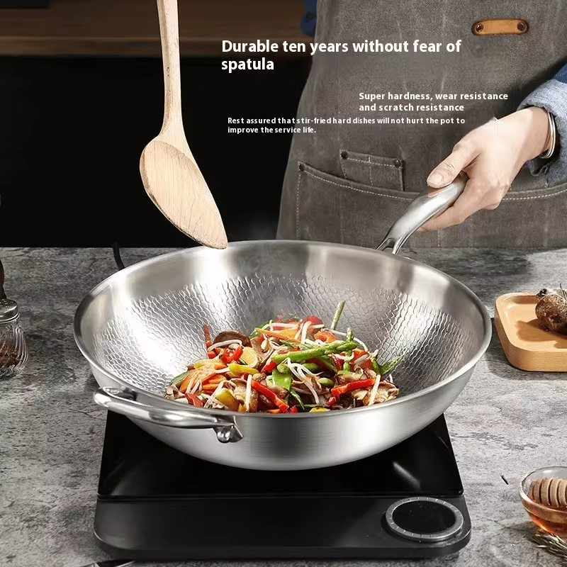 Kengqiang Pure Titanium Frying Pan Uncoated Non Stick Pan Fish Scale Hammer Pattern Titanium Alloy Wok Kitchen Custom Cookwares