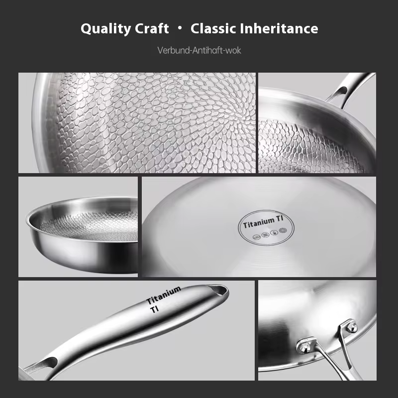 Kengqiang Pure Titanium Frying Pan Uncoated Non Stick Pan Fish Scale Hammer Pattern Titanium Alloy Wok Kitchen Custom Cookwares