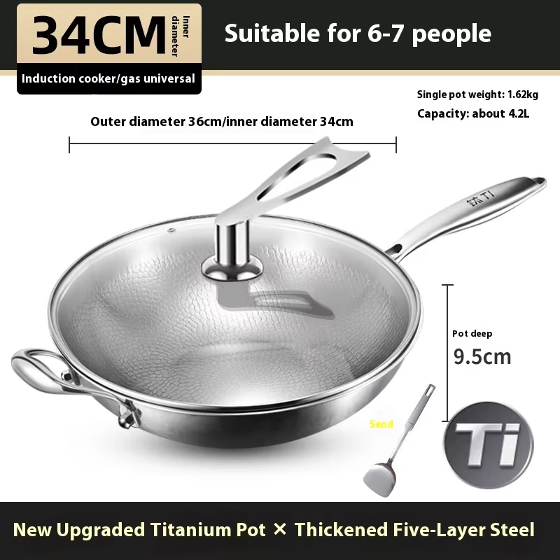 Kengqiang Pure Titanium Frying Pan Uncoated Non Stick Pan Fish Scale Hammer Pattern Titanium Alloy Wok Kitchen Custom Cookwares