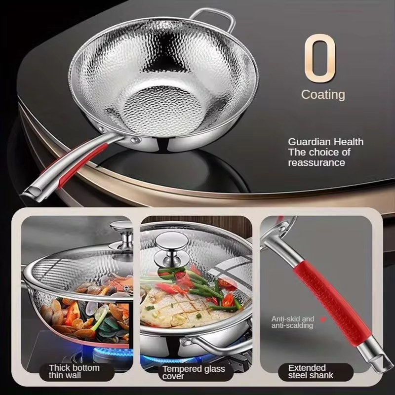 30cm Pure Titanium Round Bottom Wok Uncoated Non-stick Pan Can Be Used in Concave Induction Cooker, Household Stir-frying