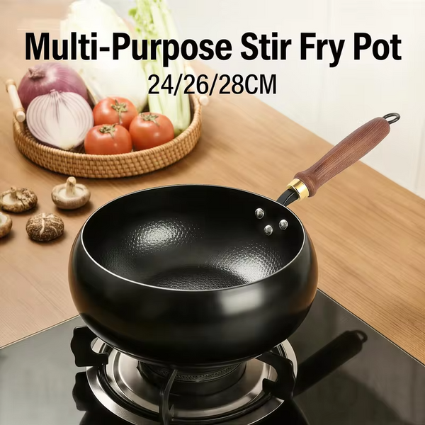 Household Frying Pan Multi-Purpose Stir Fry Pot Hand-Forged Hammered Wok Kitchen Cookware Deep Round Bottom Wok for Gas Stove and Induction Cooker