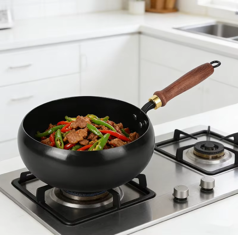 Household Frying Pan Multi-Purpose Stir Fry Pot Hand-Forged Hammered Wok Kitchen Cookware Deep Round Bottom Wok for Gas Stove and Induction Cooker