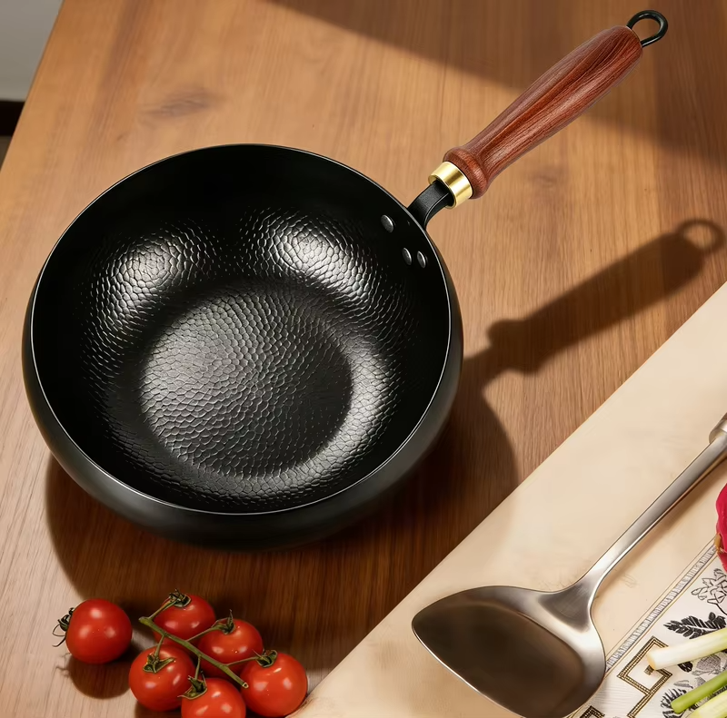 Household Frying Pan Multi-Purpose Stir Fry Pot Hand-Forged Hammered Wok Kitchen Cookware Deep Round Bottom Wok for Gas Stove and Induction Cooker