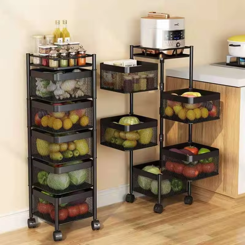 Multi Functional Kitchen Rotating Storage Rack with Multiple Layers and Rollers Rotating Fruit and Vegetable Basket Storage Rack