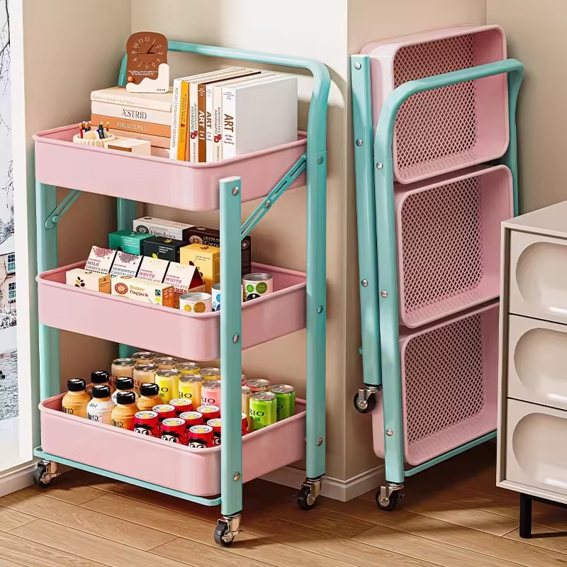 Foldable Storage Rack, Kitchen Small Cart, Portable with Rollers, Movable Bedroom Miscellaneous Sorting and Storage Rack