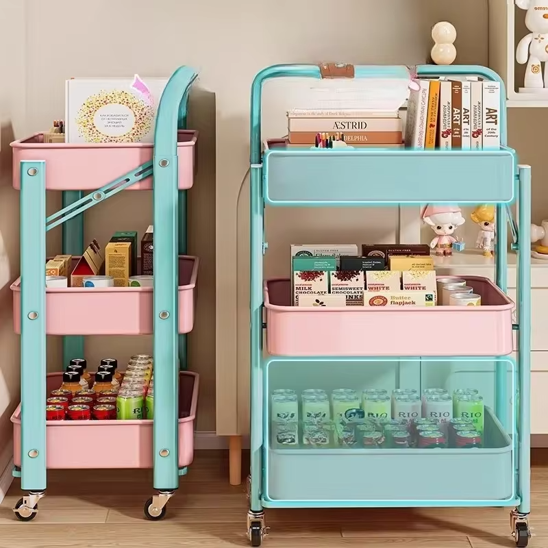 Foldable Storage Rack, Kitchen Small Cart, Portable with Rollers, Movable Bedroom Miscellaneous Sorting and Storage Rack