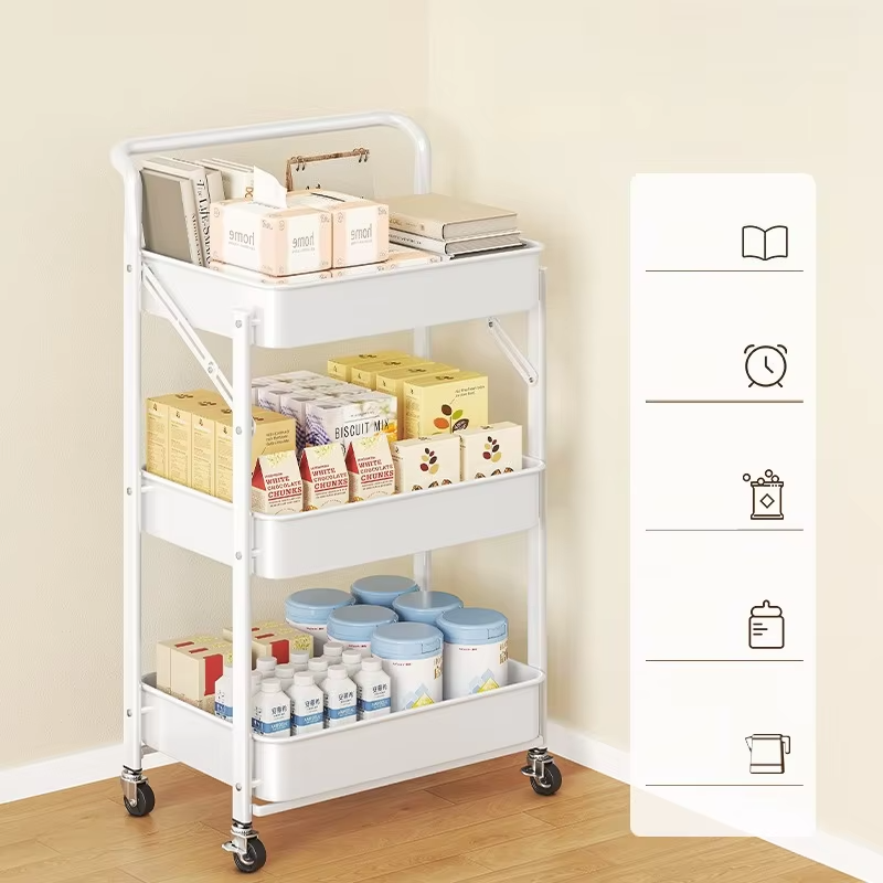 Foldable Storage Rack, Kitchen Small Cart, Portable with Rollers, Movable Bedroom Miscellaneous Sorting and Storage Rack