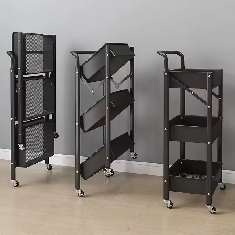 Foldable Storage Rack, Kitchen Small Cart, Portable with Rollers, Movable Bedroom Miscellaneous Sorting and Storage Rack