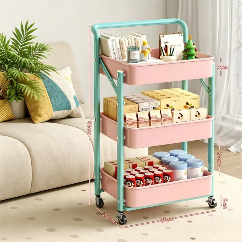 Foldable Storage Rack, Kitchen Small Cart, Portable with Rollers, Movable Bedroom Miscellaneous Sorting and Storage Rack