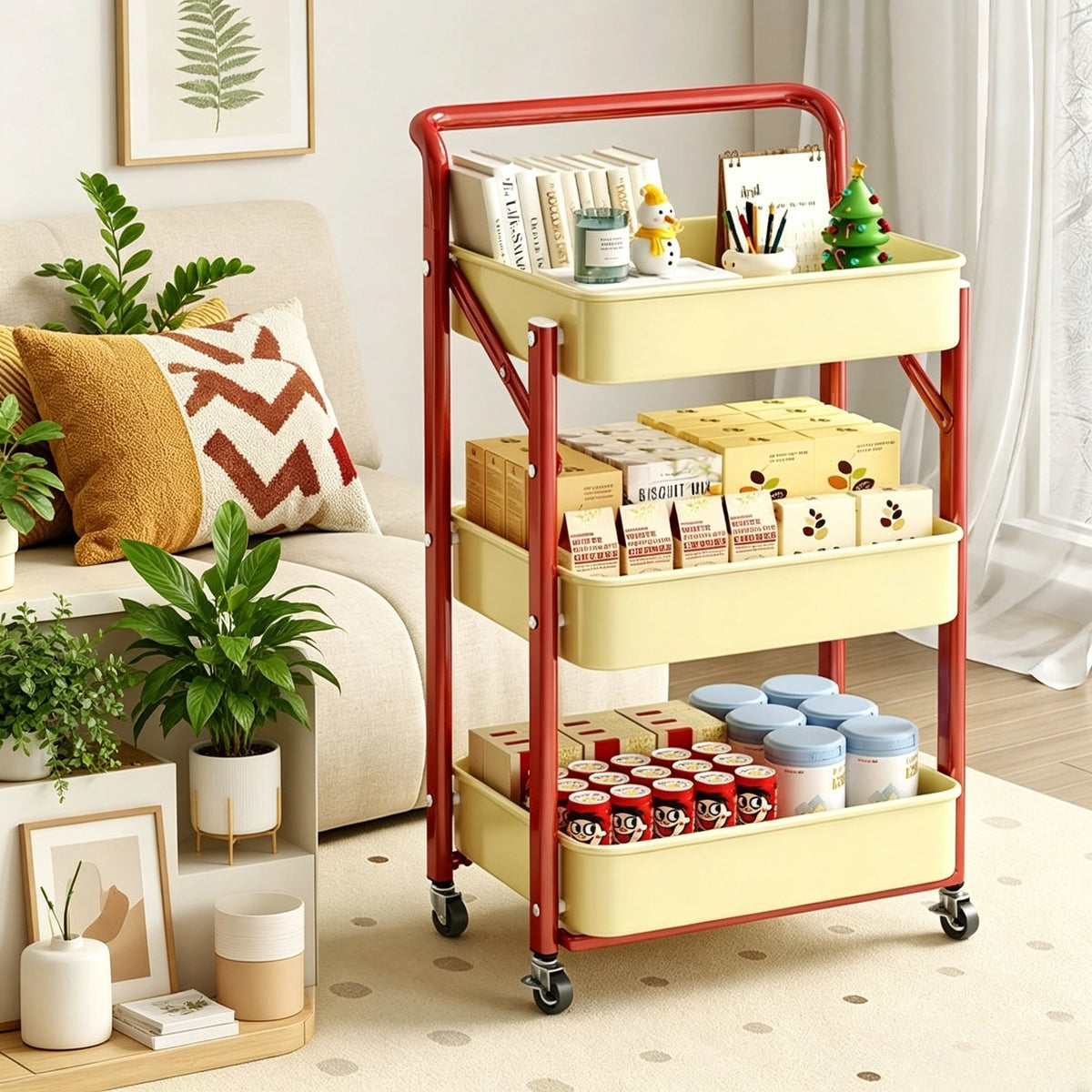 Foldable Storage Rack, Kitchen Small Cart, Portable with Rollers, Movable Bedroom Miscellaneous Sorting and Storage Rack