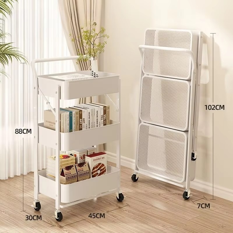 Foldable Storage Rack, Kitchen Small Cart, Portable with Rollers, Movable Bedroom Miscellaneous Sorting and Storage Rack