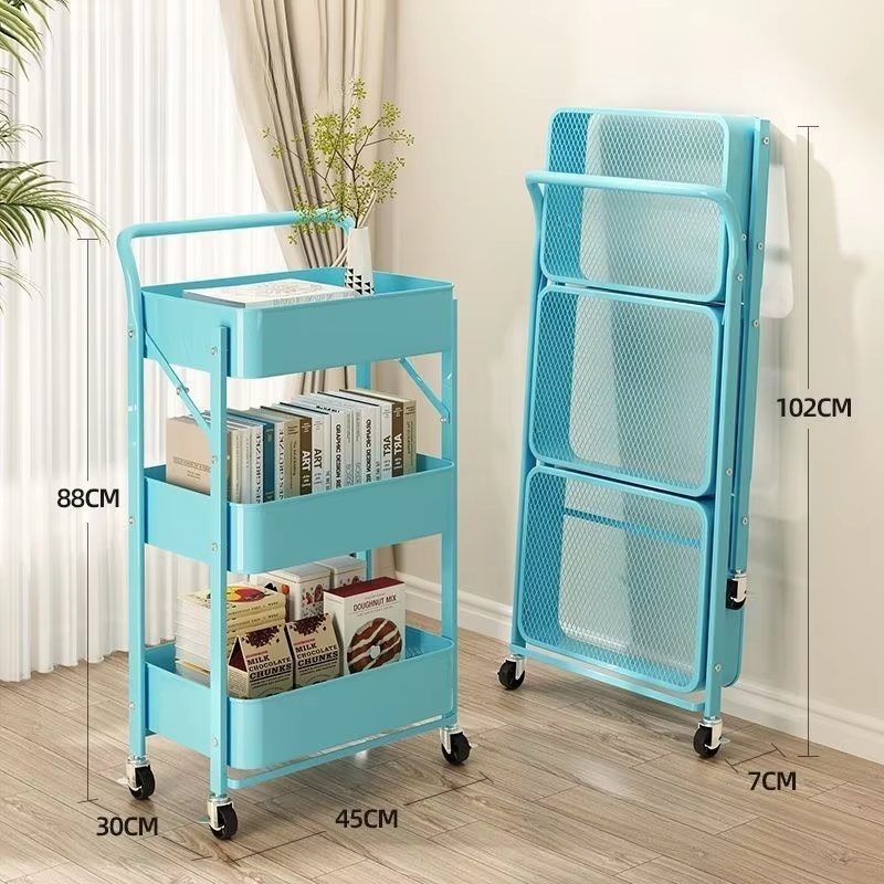 Foldable Storage Rack, Kitchen Small Cart, Portable with Rollers, Movable Bedroom Miscellaneous Sorting and Storage Rack
