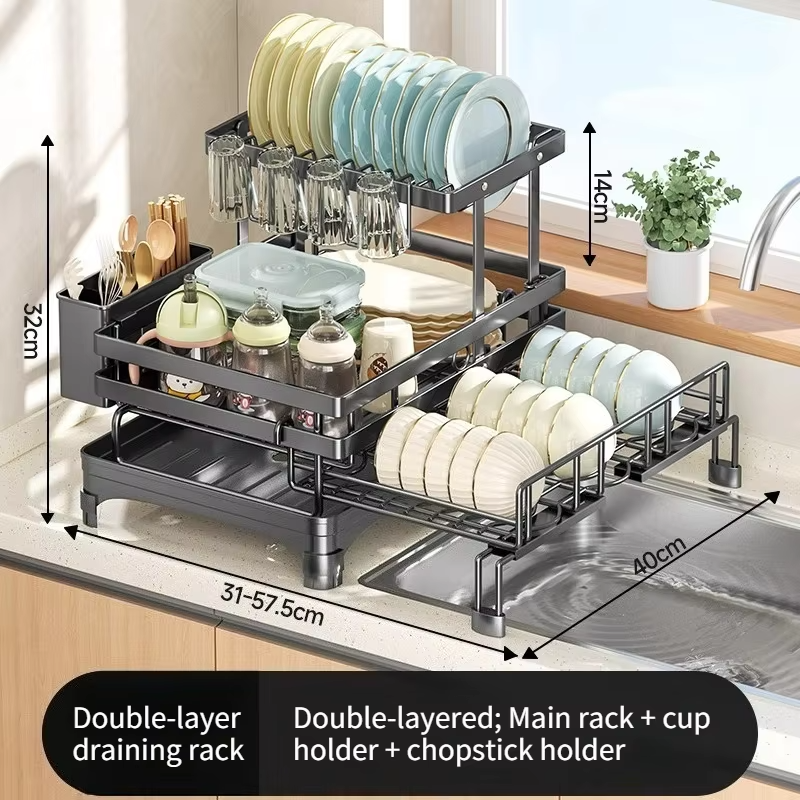 Kitchen Storage Rack, Foldable and Pull-out Cutlery Storage Platform, Double-layer Drain Basket, Bowl and Plate Storage Rack