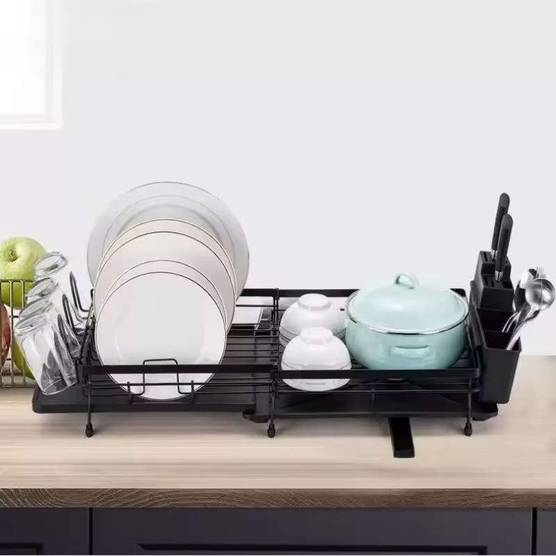 Dish Drying Rack, Dish Rack with Drainboard, Kitchen Expandable Dish Drying Rack with Rotatable Swivel Spout and Utensil Holder