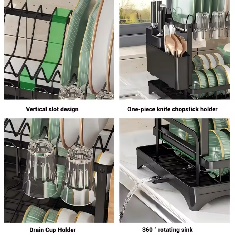2 Tier Dish Drying Rack Kitchen Bowl Drainer Storage Rack Tableware Drain Chopsticks Knife Fork Water Cup Storage Holder 2 Tier