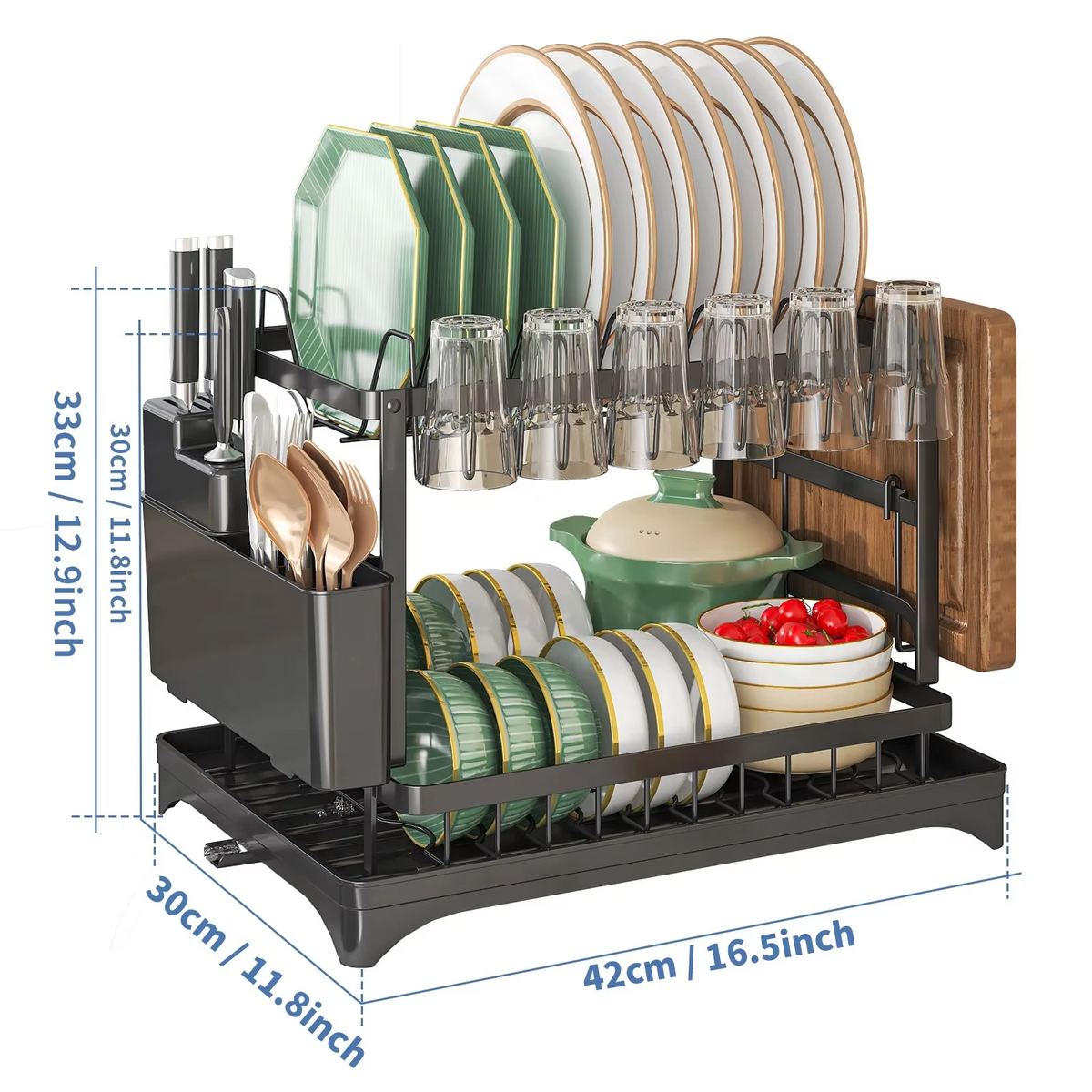 2 Tier Dish Drying Rack Kitchen Bowl Drainer Storage Rack Tableware Drain Chopsticks Knife Fork Water Cup Storage Holder 2 Tier