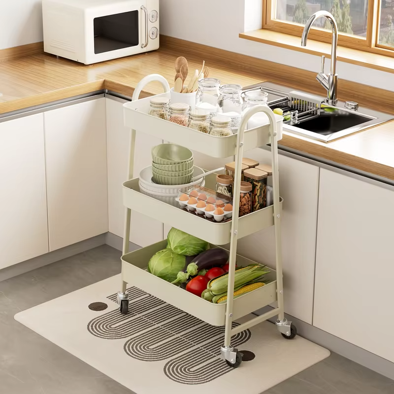 JHK 3 Tier Metal Storage Kitchen Cart with Lockable Wheels Mobile Shelving Unit Utility Rolling Organizer For Home Narrow Places
